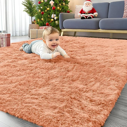 OLANLY Area Rugs for Living Room Bedroom, Machine Washable 4x5.9 ft Soft Fluffy Shaggy Bedside Rug, Indoor Floor Carpet for Kids Girls and Boys, Dorms, Nursery Rooms, Home Decor, Muted Orange