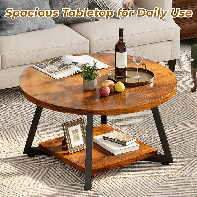 Round Coffee Table for Living Room, 27.6“ Circle Coffee Table, 2-Tier Industrial Coffee Tables with Storage, Wood Coffee Table, Modern Accent Table for Apartment, Office, Small Space, Rustic Brown