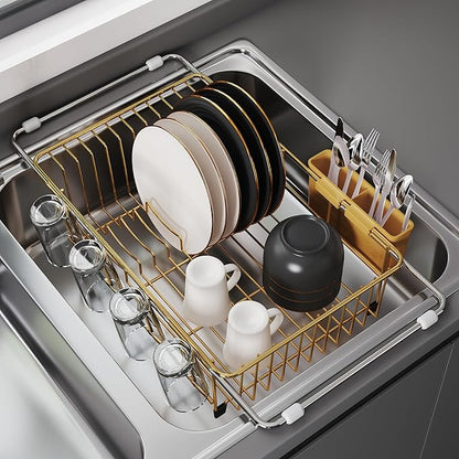 JASIWAY Gold Dish Drying Rack in Sink, Expandable Stainless Steel Dish Drainers for Kitchen Counter, Dish Dryer Rack for Inside Sink, Over The Sink Dish Racks with Utensil Holder