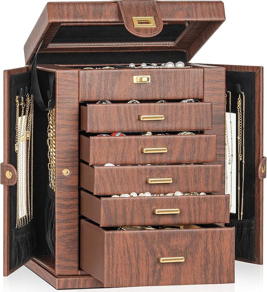AKOZLIN 6-Tier Jewelry Box Organizer Functional 5 Drawers Leather Jewelry Storage Case for Women Girls Ring Necklace Earring Bracelet Holder Organizer with Mirror Red 360° Rotating