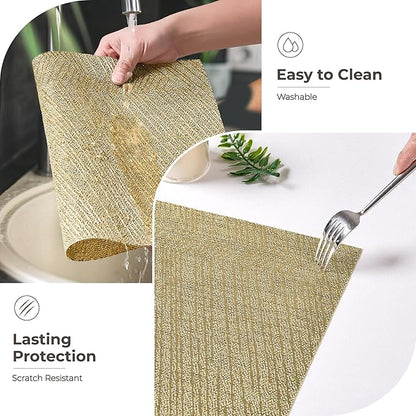 Leetaltree Gold Placemats Set of 8 - Heat Resistant Non-Slip Place mats for Dining Table, Washable Durable PVC Vinyl Woven Table Mats(Luxury Gold, 8)