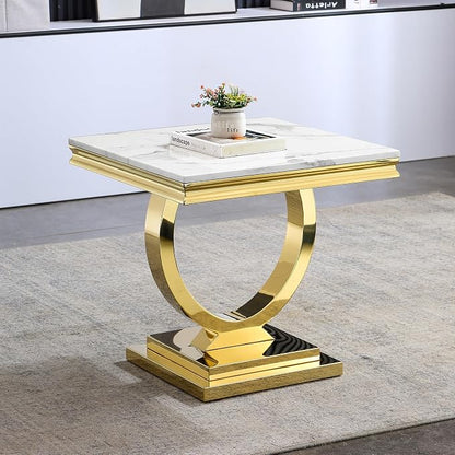 3 Piece Living Room Table Set Include 1 Faux Marble Coffee Table & 2 End Tables, Modern White Gold Coffee Table Set of 3 with Double O Shape Stainless Steel Pedestal Base