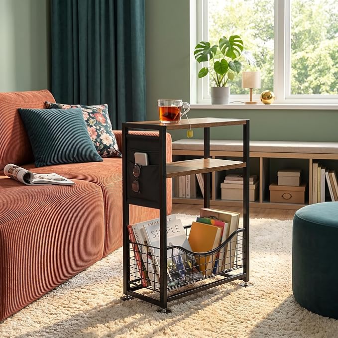 Skinny Side Table with Storage, 3 Tier Slim Side Tables for Small Spaces, Skinny End Table Narrow Bedside Table Narrow Side Table for Living Room, Bedroom