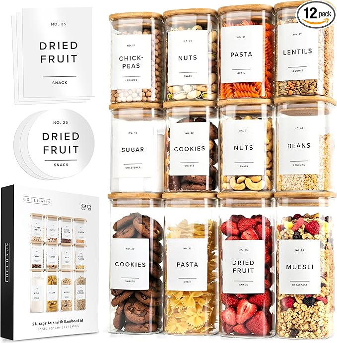 EDELHAUS Square Glass Storage Containers with Bamboo Lids 12-Pack (4x 30 oz, 8x 17 oz) Airtight Glass Storage Jars with Lids for Food, Stackable Glass Kitchen Canisters with 114 Labels for Pantry
