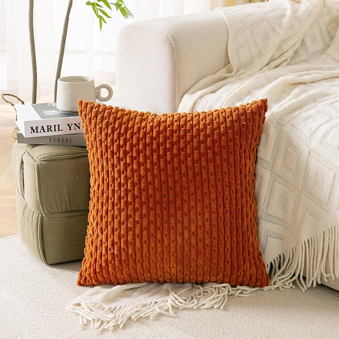 Set of 4 Burnt Orange Decorative Throw Pillow Covers 16x16 Inch Corduroy Pillow Covers for Bed Couch Sofa Living Room Soft Square Cushion Cases