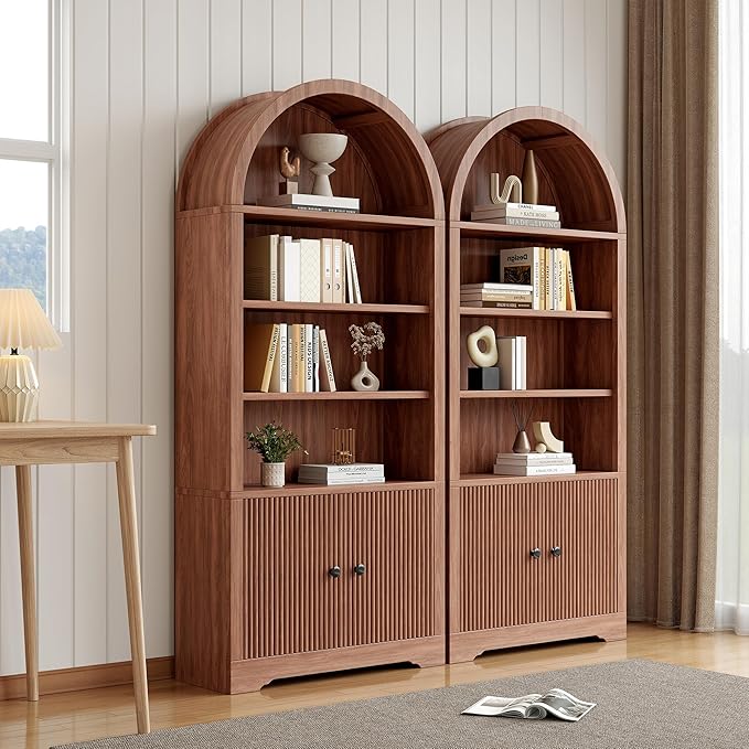 70" Arched Bookcase with Storage, 6 Tier Bookshelf with Door, Freestanding Display Storage Cabinet Farmhouse Storage Shelves for Living Room,Bedroom Home Office,Walnut Oak