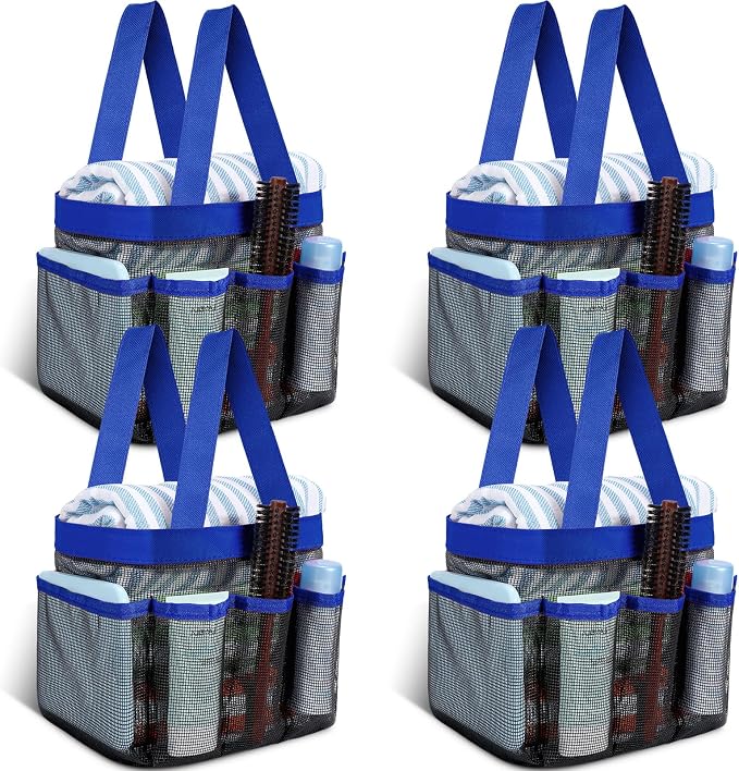 Hillban 4 Pcs Mesh Shower Caddy Portable Shower Caddy for Dorm Beach Mesh Bags with Deeper 8 Pockets and Handles Showers Caddies Basket for Women College Room Vacation(Blue)