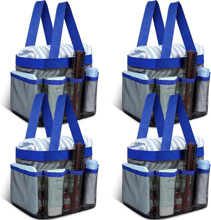 Hillban 4 Pcs Mesh Shower Caddy Portable Shower Caddy for Dorm Beach Mesh Bags with Deeper 8 Pockets and Handles Showers Caddies Basket for Women College Room Vacation(Blue)