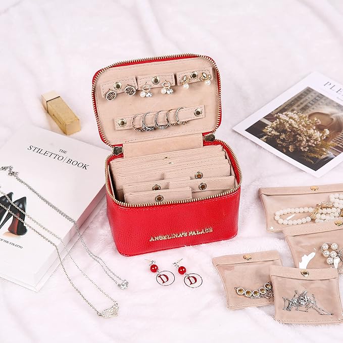 Angelina's Palace Snakeskin Pattern Jewelry Organizer Case Bridesmaid Gifts Travel Bag Vegan Leather Box for Necklace Earring Bracelet Ring(Red)