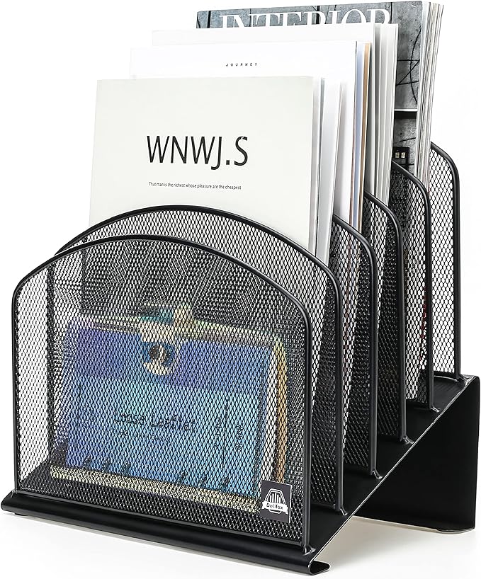 Inclined Desk File Organizer, 5-Section Vertical File Folder Holder Stand Metal Rack File Sorter for Office Classroom Desktop Organization (Black, 1Pack)