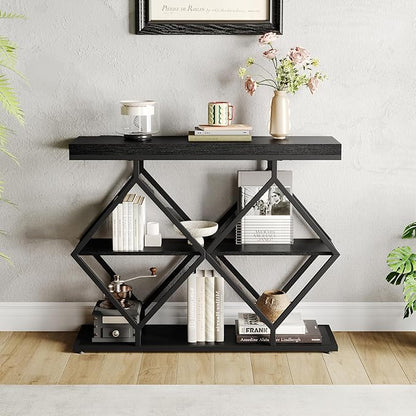 Garvee 3-Tier Entryway Table, Industrial Console Sofa Table with Storage, Accent Table with Open Shelves, Diamond-Shaped Metal Frame, Foyer Table for Entryway, Hallway, Black