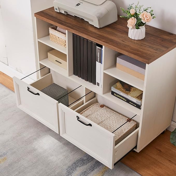 40" Farmhouse File Cabinet,Lateral File Cabinet with Wheels,Wood File Cabinet with shelve,Filing Cabinet with 2 Drawers for Legal/Letter/ A4 Size (White)
