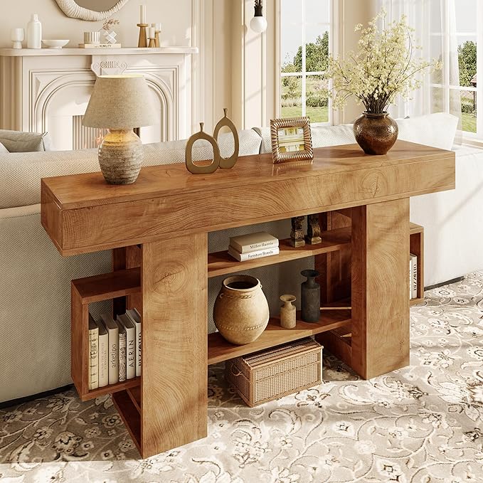 63 Inch Long Console Table for Entryway, Farmhouse Wooden Sofa Table Behind Couch with 3-Tier Storage Shelf, Narrow Entry Accent Table for Living Room, Hallway, Foyer, Oak