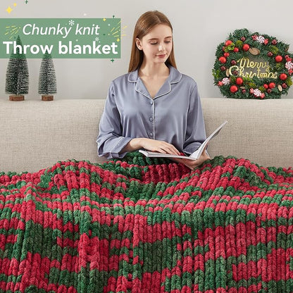 Negwoo Chunky Knit Throw Blanket, 80''*90'' Knitted Throw Chenille Yarn for Bed Couch, Handmade Stripe Crochet Big Thick Blanket, Machine Washable Cute Comfy Blanket for Home Decor