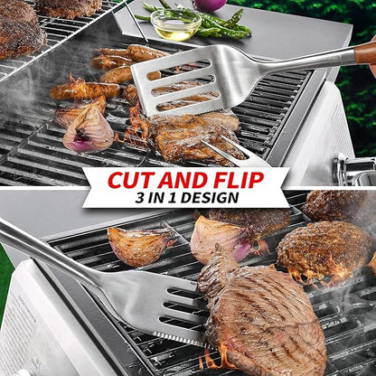 GRILAZ Heavy-Duty Rose Wooden BBQ Grilling Tools Set. Extra Thick Stainless Steel Multi-Function Spatula, Fork & Tongs | Essential Accessories for Barbecue & Grill. Ideal Gift for Father…