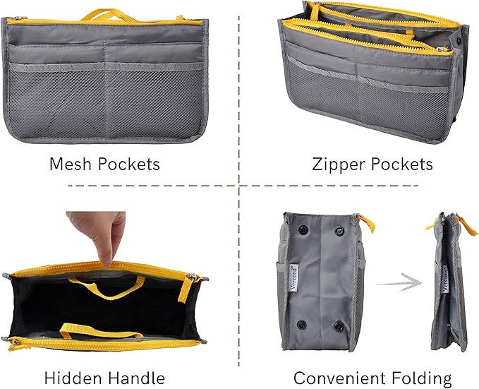 Vercord Purse Organizer Insert for Handbags Bag Organizers Inside Tote Pocketbook Women Nurse Nylon 13 Pockets Grey Medium