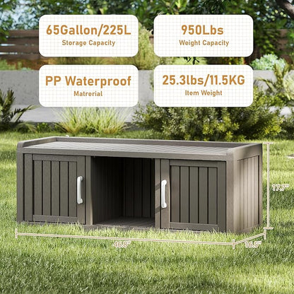 2-Tier Storage Bench, Waterproof UV-Resistant Outdoor Shoe Storage Cabinet with 2 Doors & Adjustable Shelves for Indoor Outdoor Entryway, Hallway, Living Room(Grey)