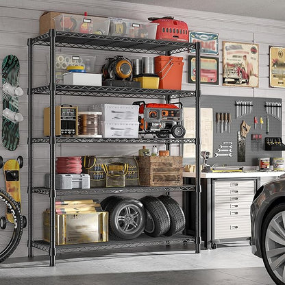 REIBII 1984LBS Storage Shelves with Wheels 75.2"H Wire Shelving Unit, Metal Shelving with Wheels & Feet, 5 Tier Adjustable Metal Dorm Storage Shelves for Pantry Kitchen Garage, 75.2"H x 35.5"W x 16"D