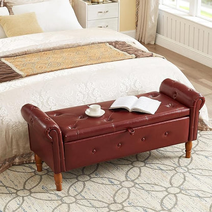 Storage Ottoman Bench, 50" Modern Upholstered End of Bed Bench, Faux Leather Rolled Armed Button-Tufted Ottoman with Storage for Living Room, Entryway, Window, Burgundy