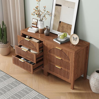 6 Drawer Dresser, Farmhouse Fluted Chest of Drawers, Wooden End Table, Mid- Century Modern Bedroom Nightstand Side Table for Bedrooms, Closets, Hallways, and Entryways, Walnut X2