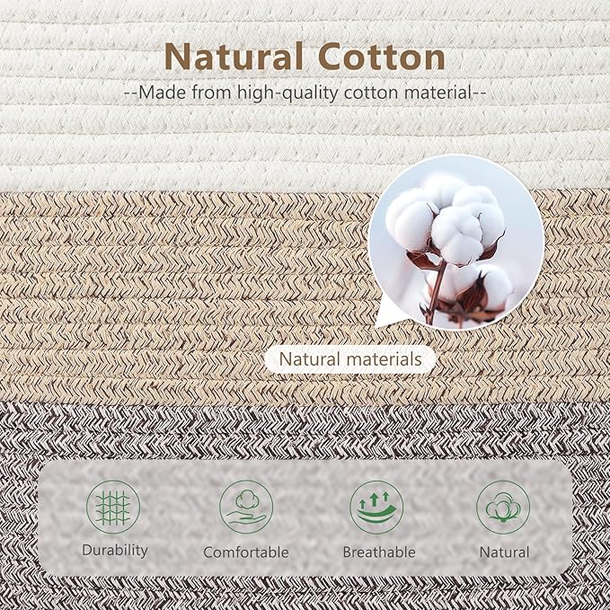 Cotton Rope Storage Basket, 15x10x9 Inches, Woven Basket for Shelves, Clothes, Towels, Books, and Laundry, White Brown (1 Pack)