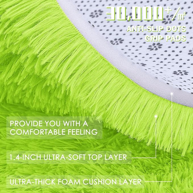 OLANLY Lime Green Round Rugs for Bedroom - Machine Washable, 8 ft Circle Area Rugs for Living Room, Soft and Fluffy Shaggy Carpet for Teen Girl and Boys, Nursery Rooms, Dorms, Home Decor Aesthetic