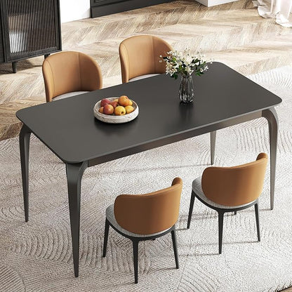 Dining Table, Sintered Stone Kitchen Table, 55'' Black Modern Rectangular Slate Patio Table with Metal Legs, Indoor Outdoor Stone Dining Table for Patio, Backyard, Scratch and Heat Resistant