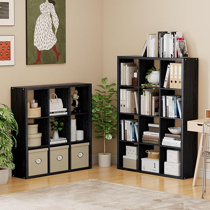 Cube Storage Organizer Bookcase, Decorative 11 inch Open Back Cubical Shelf with Thickened Border, Display Bookshelf for Living Room, Home Office, Sturdy Room (Black, 9 Cube)