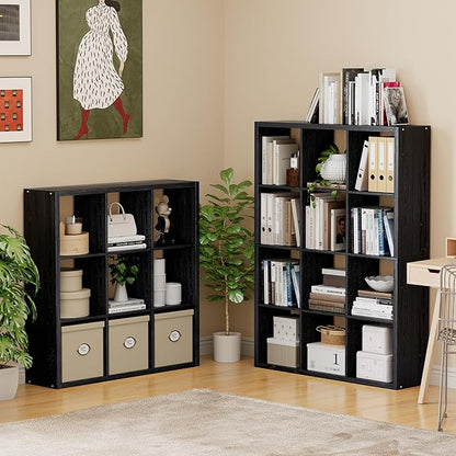 Cube Storage Organizer Bookcase, Decorative 11 inch Open Back Cubical Shelf with Thickened Border, Display Bookshelf for Living Room, Home Office, Sturdy Room (Black, 9 Cube)