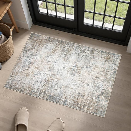 Washable Area Rug 2x3 Entryway Rug: Washable Modern Abstract Soft Thin Rug Indoor Floor No Slip Stain Resistant Carpet for Bedroom Dining Room Farmhouse Nursery Home Office - Brown Grey