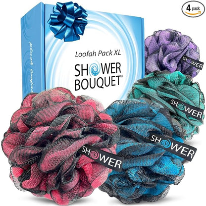 SHOWER BOUQUET Loofah-Charcoal Bath-Sponge XL-Color-4-Pack // Extra Large 75g Soft Mesh Black Luffa Loofa Loufa Puff Set/Exfoliating Body Scrubber for Women and Men - Exfoliate & Soothe Face & Body