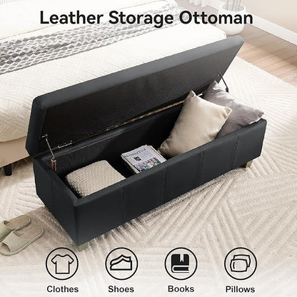41" Faux Leather Storage Ottoman, Stitch Tufted Rectangle Upholstered End of Bed Storage Bench, Entryway Large Couch Ottoman with Wooden Legs, Dark Black
