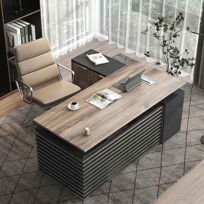 SAINTCY 70.87In L Shaped Executive Standing Desk with Drawers, Large Modern Adjustable Heigh Home Office Desk w/File Cabinet, AC/USB, Business Workstation, Black and Warm Oak