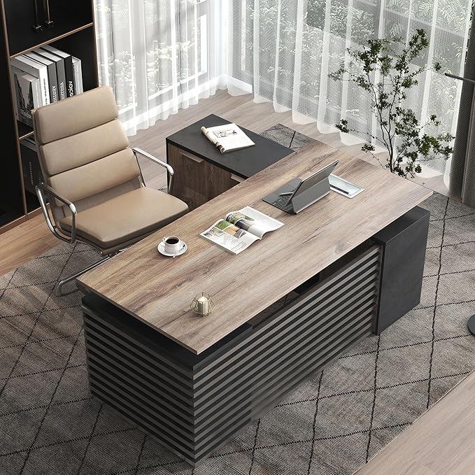 SAINTCY 78.74In L Shaped Executive Standing Desk with Drawers, Large Modern Adjustable Heigh Home Office Desk w/File Cabinet, AC/USB, Business Workstation, Black and Warm Oak