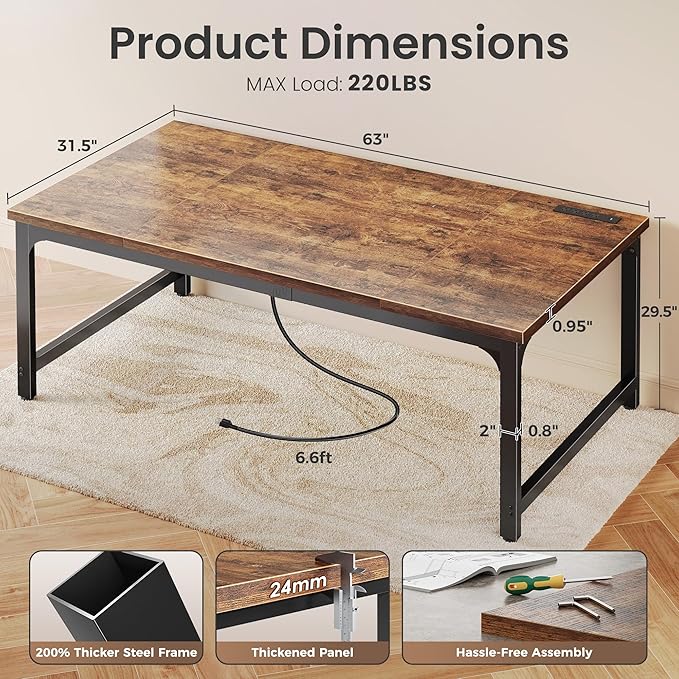 Huuger 63 x 31.5 inch Desk with Power Outlets & USB-C, 0.95 Inch Thicker Desktop, Robust Metal Tubes, Deep Computer Desk, Heavy Duty Office Desk, for Home Office, Rustic Brown
