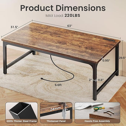 Huuger 63 x 31.5 inch Desk with Power Outlets & USB-C, 0.95 Inch Thicker Desktop, Robust Metal Tubes, Deep Computer Desk, Heavy Duty Office Desk, for Home Office, Rustic Brown