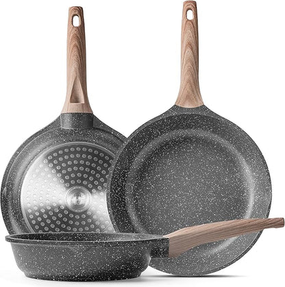 Caannasweis Nonstick Granite Frying Pan Skillet, Non Stick Omelette Fry Pans, Omelet Egg Pan, Stone Cookware Chef's Pan, Induction Compatible, PFOA Free (Gray, 3 Pcs)
