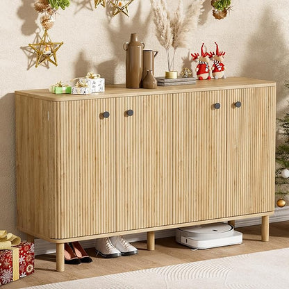 Fluted Sideboard Cabinet, Modern Buffet Cabinet, Storage Cabinet with Adjustable Shelves & Solid Wood Legs, Accent Credenza Sideboard for Kitchen, Coffee Bar, Living Room, Entryway, Hallway