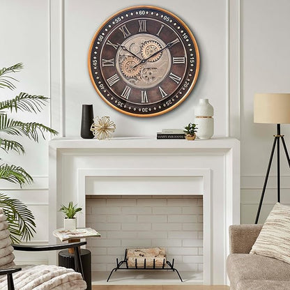 CLXEAST 24 Inch Wall Clock with Moving Gears,Oversized Large Industrial Steampunk Style, Antique Gold Metal Roman Numeral Wall Clocks for Farmhouse Living Room Decor