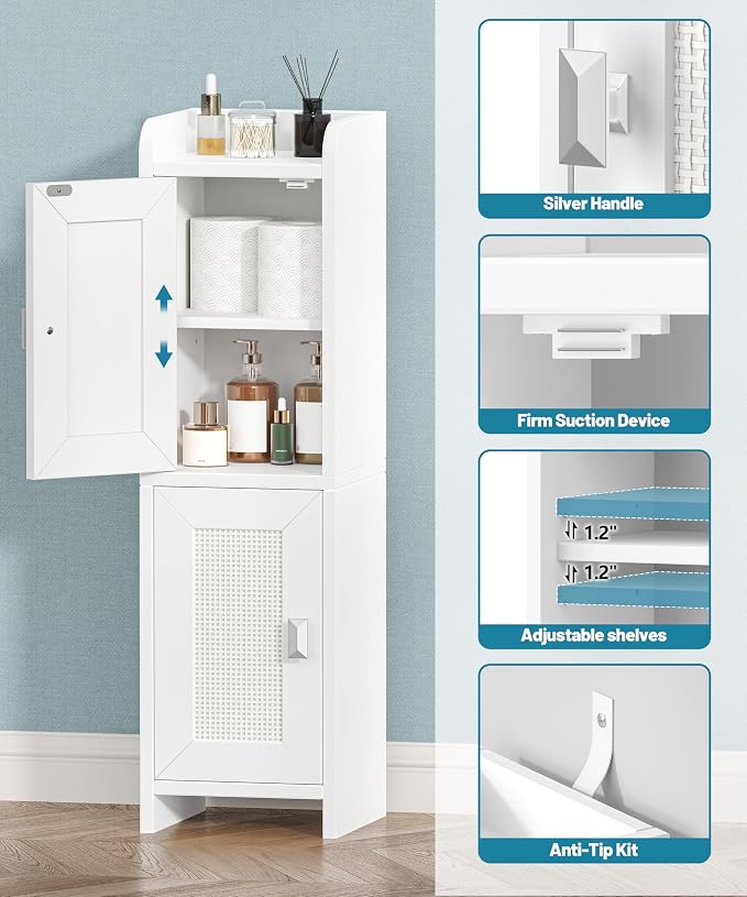Akxomel Rattan Small Bathroom Cabinet with 2 Doors, 7.9''D x 7.9''W Narrow Toilet Paper Storage Cabinet, Bathroom Organizer for Small Spaces, Slim Corner Unit with Adjustable Shelf, White Rattan