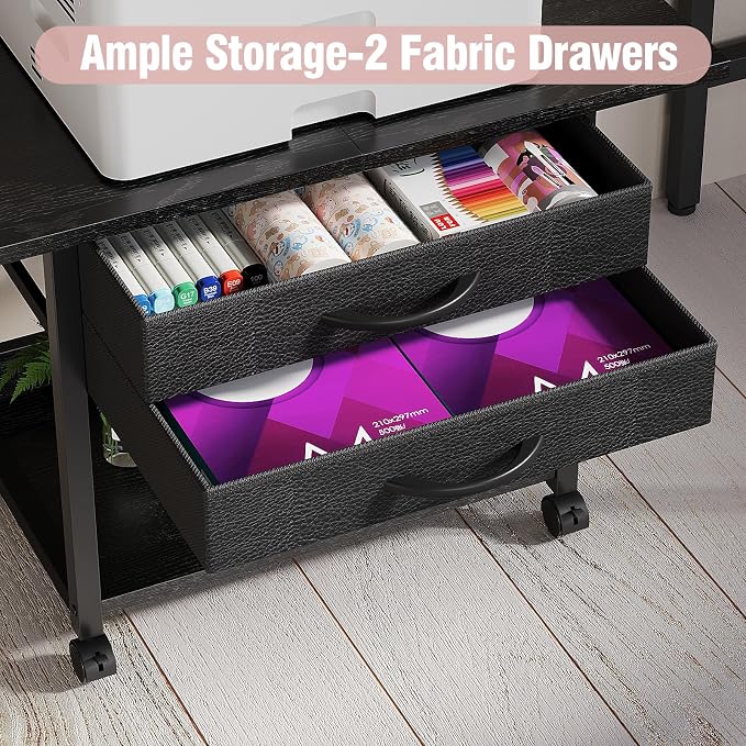 VENNQD Large Printer Stand with Storage Fabric Drawer Under Desk Printer Table with Wheels for Home Office, Printer Cart fit Fax Machine Scanner 23.4"x15.7" (Black, 2 Tiers)