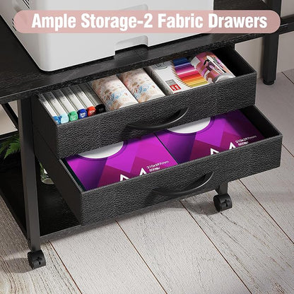 VENNQD Large Printer Stand with Storage Fabric Drawer Under Desk Printer Table with Wheels for Home Office, Printer Cart fit Fax Machine Scanner 23.4"x15.7" (Black, 2 Tiers)