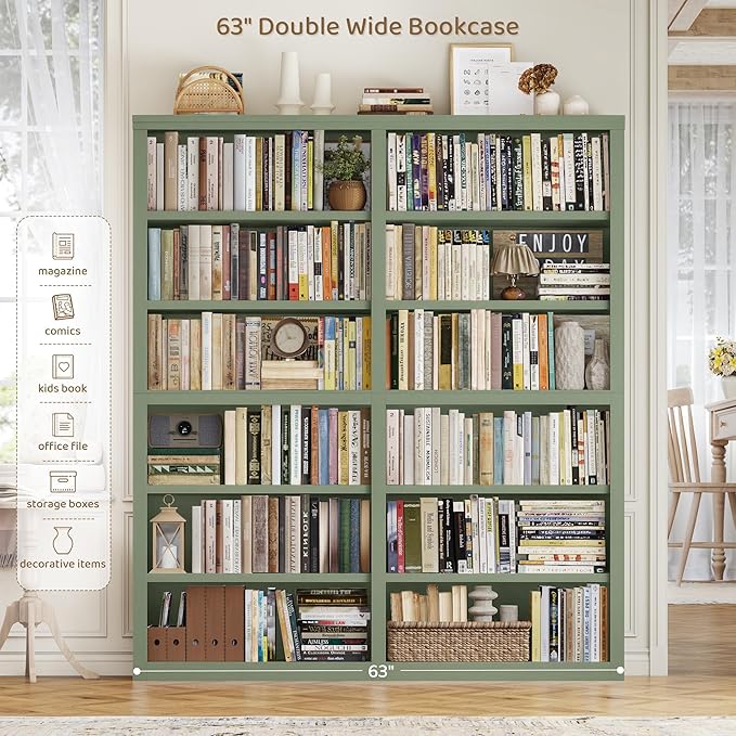 HOSTACK 63" W Open Book Shelf, 73" Tall Bookshelf with Storage, Modern Green Bookshelf, Large Bookcase with 12 Display Shelves, 6 Tier Wooden Book Case for Living Room, Home Office, Library, Green