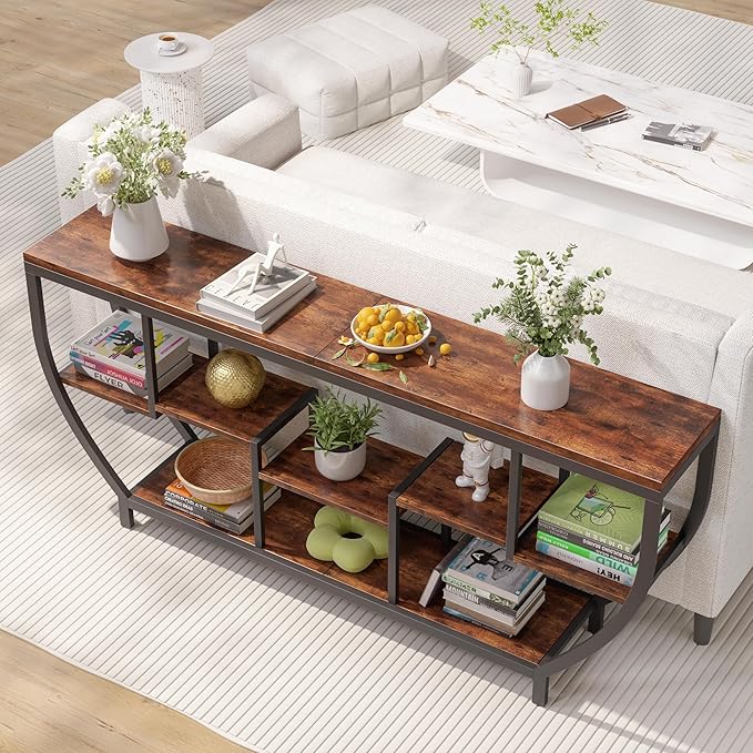 70.86" Extra Long Console Table Sofa Table & Storage Shelves Entryway Table Industrial TV Stand, Metal Frame Behind Couch Table for Foyer, Hallway, Entrance (Brown)