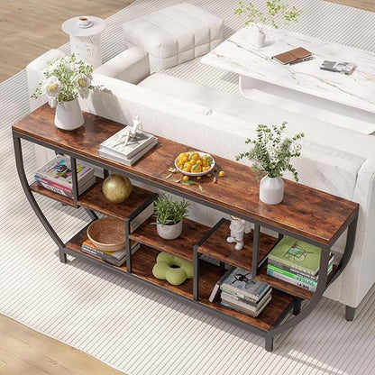 70.86" Extra Long Console Table Sofa Table & Storage Shelves Entryway Table Industrial TV Stand, Metal Frame Behind Couch Table for Foyer, Hallway, Entrance (Brown)