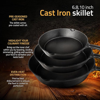Utopia Kitchen Cast iron Skillets 3 Piece Set, Chefs Pan, Pre Seasoned Cast iron Skillets, 6, 8 & 10 Inches, Easy Use in the Oven, Stove, Grill, or Campfire, Black