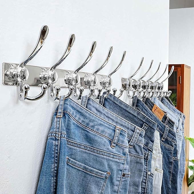 Dseap Coat Rack Wall Mount 2.0 Pro: Heavy Duty 300% Thicker, 16" Stud Mount, Stainless Steel Wall Coat Hooks Hanger for Clothes Jackets Hats Entryway Closet, MaxStrong Series, Chromed, Pack of 2