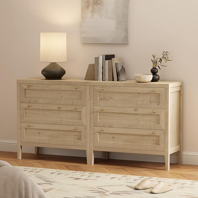 3 Drawers Dresser for Bedroom, Farmhouse Closet Storage Organizer with Golden Handles, Wooden Nightstand End Table for Living Room, Bedroom, Entryway, Hallway, Light Oak