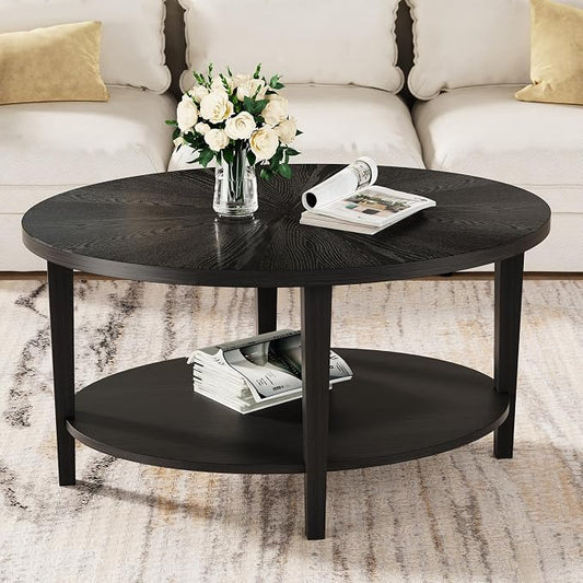 Solid Wood Oval Coffee Table for Living Room, 2 Tier Oval Rustic Coffee Table with Storage Shelf, Double Layer Center Table for Living Room, Easy Assembly Black
