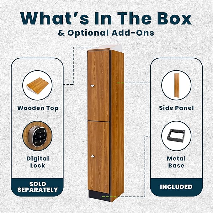 Alpine 2 Door Wooden Locker Cabinet - 72" Expandable Commercial Storage Lockers for Gym, Spa, Office & Golf Club - Includes Metal Base & Lock-Ready Handle, Single Column 2 Tier - Oak